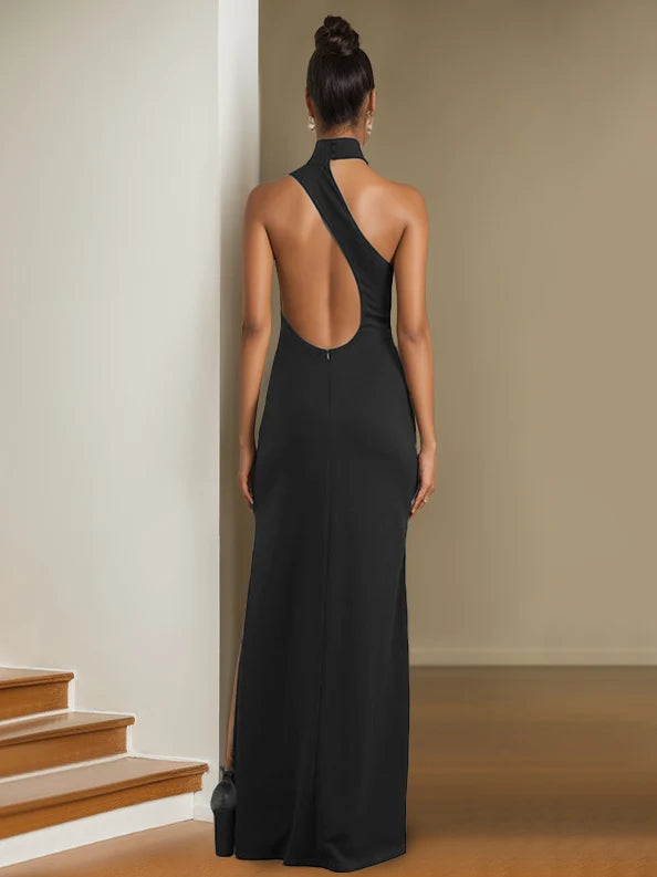 Elegant Sheath High Neck Sleeveless Open Back Floor Length Evening Dress