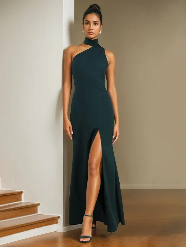 Elegant Sheath High Neck Sleeveless Open Back Floor Length Evening Dress