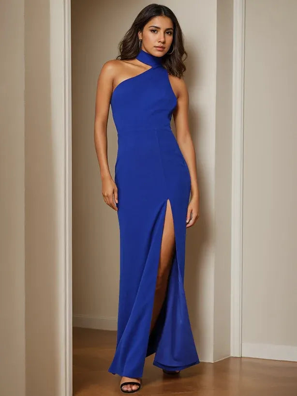 Elegant Sheath High Neck Sleeveless Open Back Floor Length Evening Dress