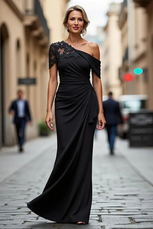 Loverlm black trumpet evening dress with an asymmetric neckline, sheer floral lace sleeve, ruched waist and floor-length skirt.