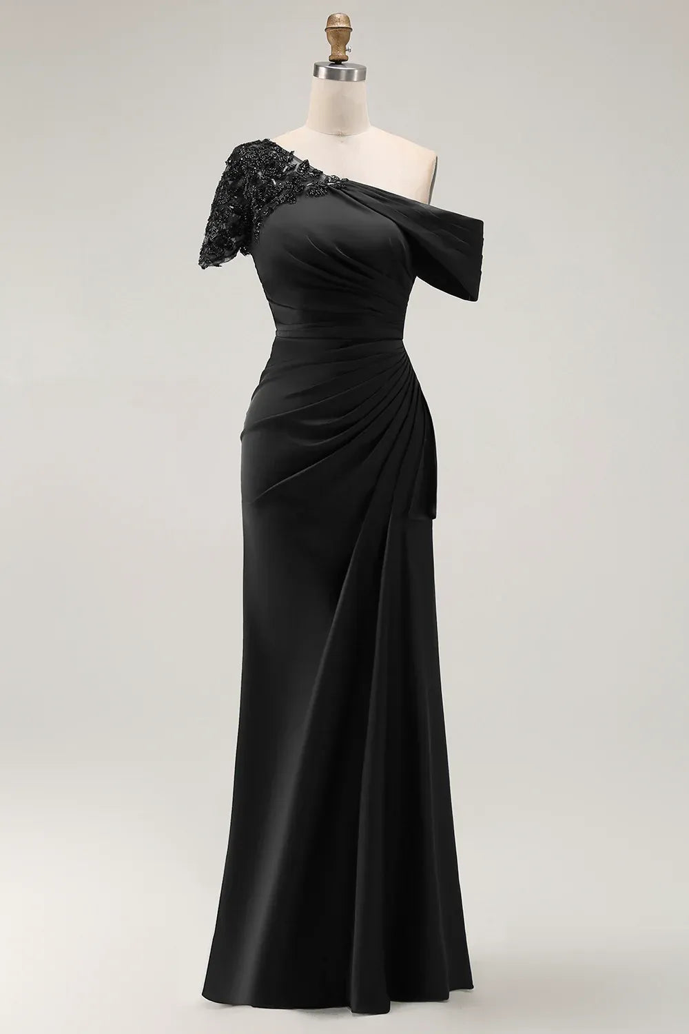 Elegant Lace-Accented Trumpet Asymmetric Neckline Short Sleeves Open-Back Floor-Length Evening Dress