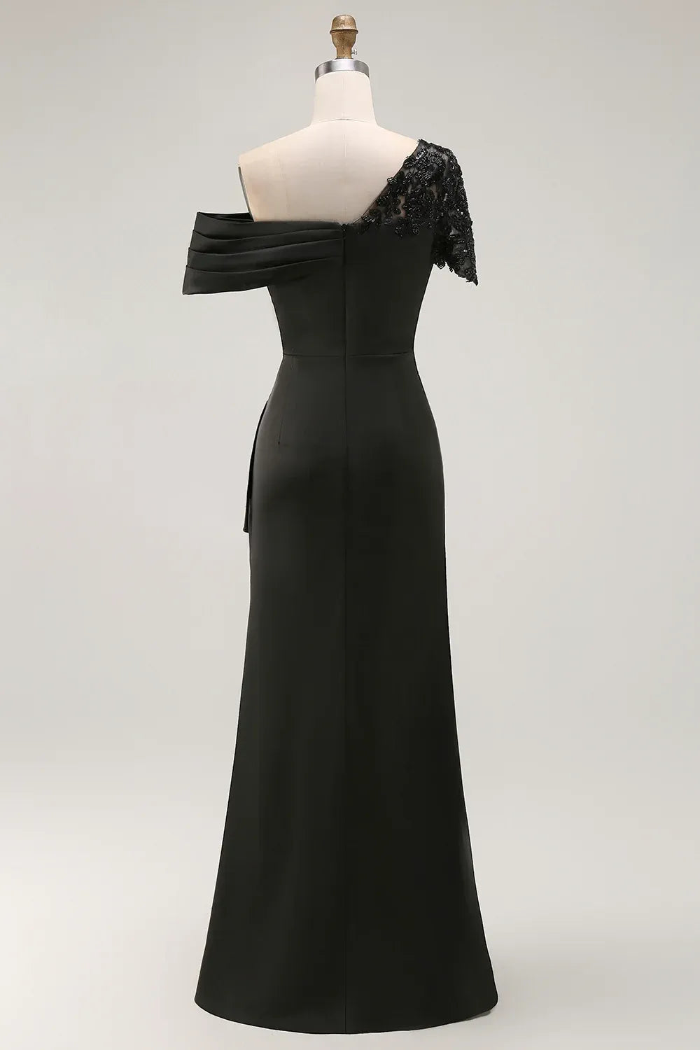 Elegant Lace-Accented Trumpet Asymmetric Neckline Short Sleeves Open-Back Floor-Length Evening Dress