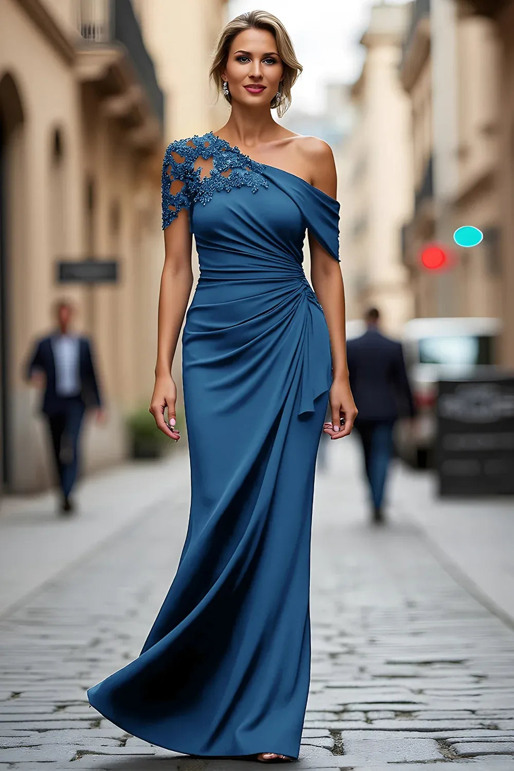 Elegant Lace-Accented Trumpet Asymmetric Neckline Short Sleeves Open-Back Floor-Length Evening Dress