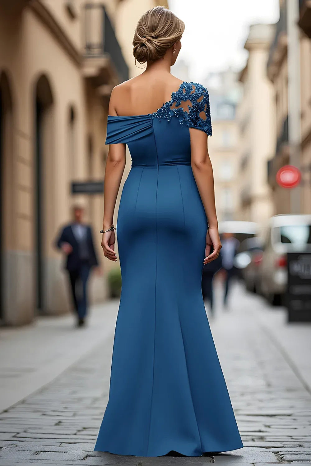 Elegant Lace-Accented Trumpet Asymmetric Neckline Short Sleeves Open-Back Floor-Length Evening Dress