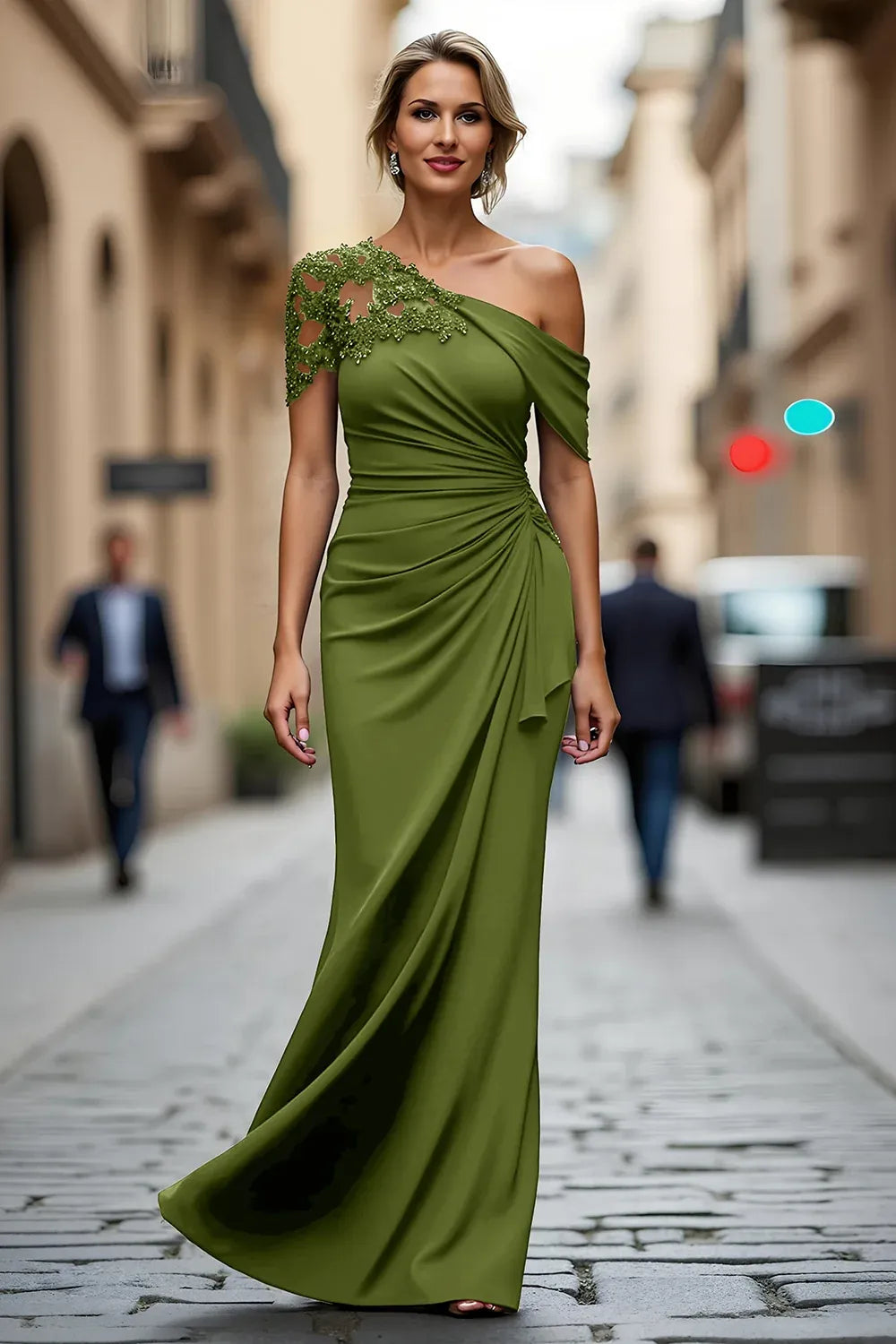 Elegant Lace-Accented Trumpet Asymmetric Neckline Short Sleeves Open-Back Floor-Length Evening Dress