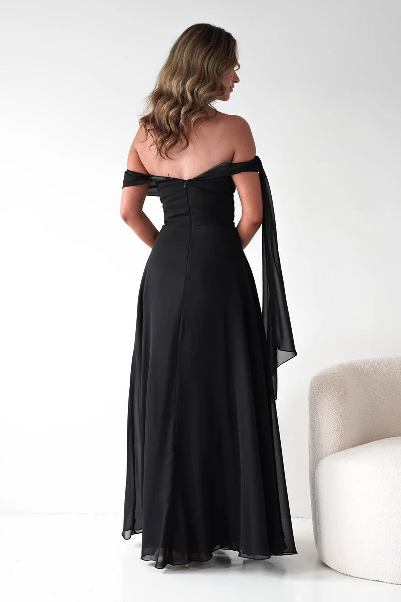 Elegant A-Line Asymmetric Off-Shoulder Zipper Back Draped Floor-Length Evening Dress