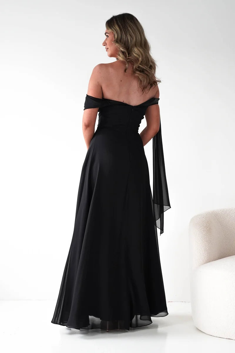 Elegant A-Line Asymmetric Off-Shoulder Zipper Back Draped Floor-Length Evening Dress