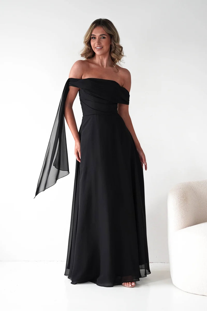 Elegant A-Line Asymmetric Off-Shoulder Zipper Back Draped Floor-Length Evening Dress