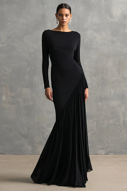 Loverlm black long sleeve evening dress with bateau neckline, ruched waist, asymmetric pleated skirt and floor-length mermaid silhouette