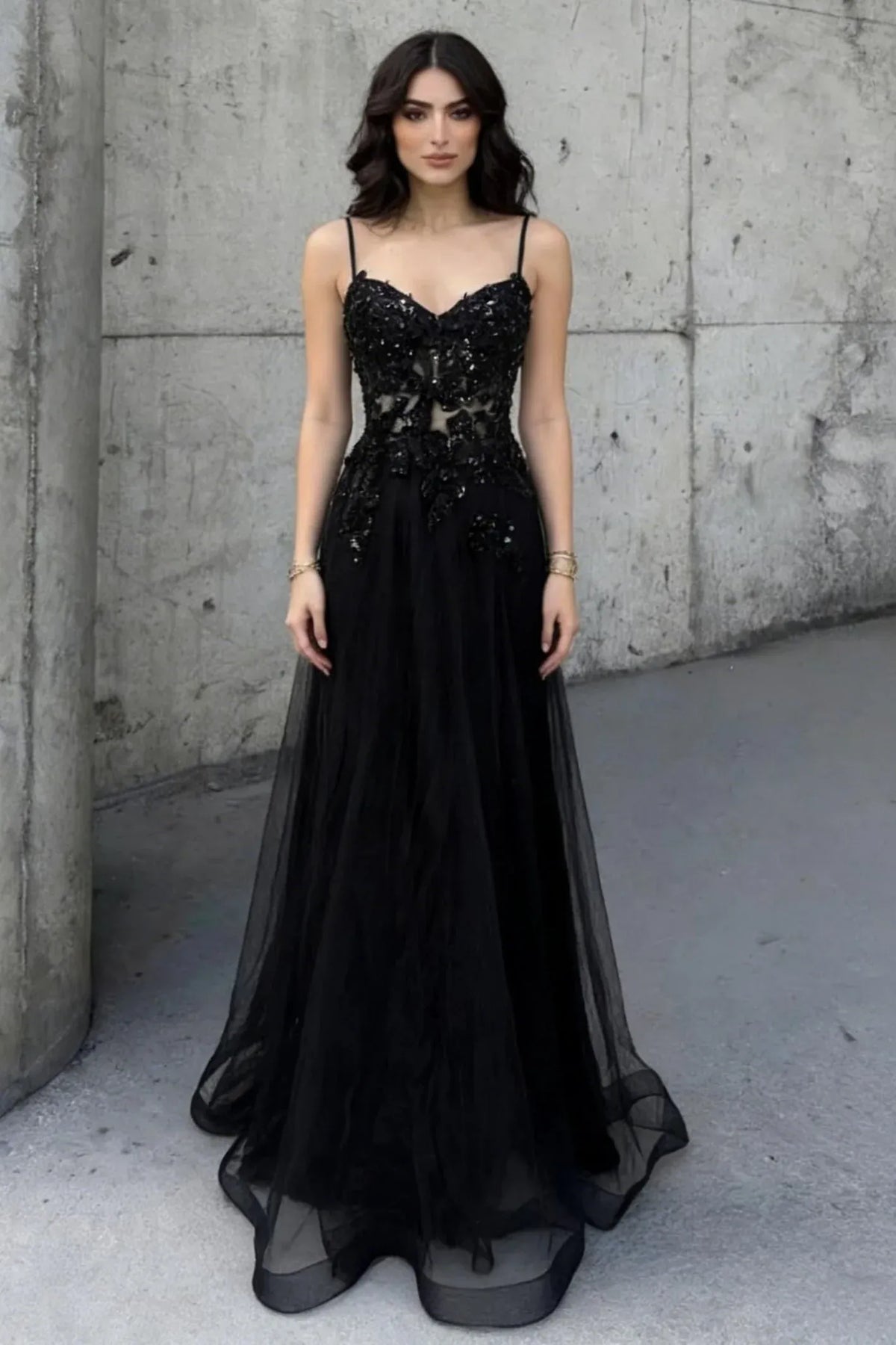 Loverlm black beaded tulle A-line prom dress with sweetheart neckline, spaghetti straps, sheer bodice, and flowing skirt