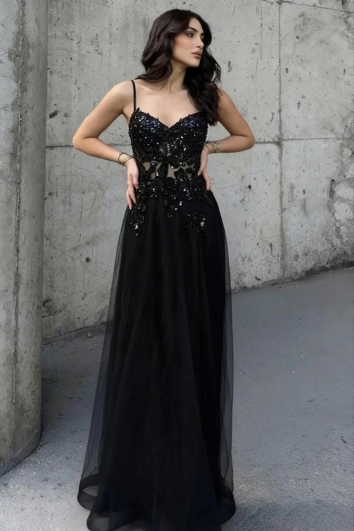 Loverlm Elegant Tulle A-Line Sweetheart Spaghetti Strap Open Back Beaded Prom Dress