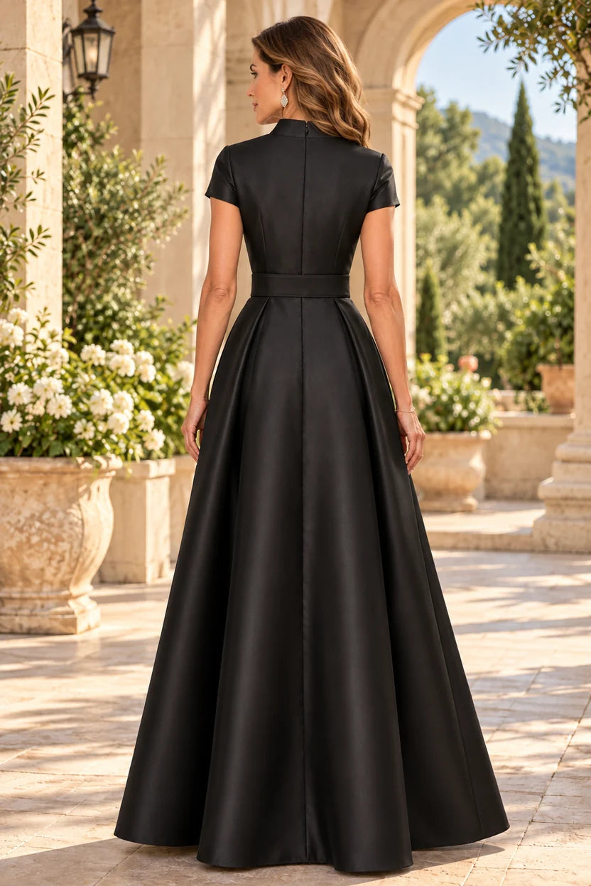 Elegant A-Line V-Neck Short Sleeve Satin Floor-Length Mother of the Bride Dress