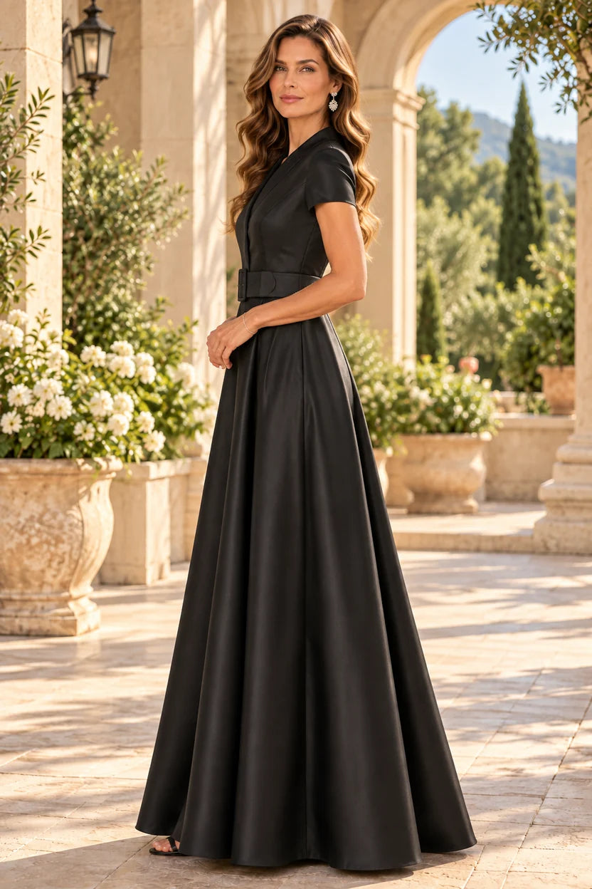 Elegant A-Line V-Neck Short Sleeve Satin Floor-Length Mother of the Bride Dress