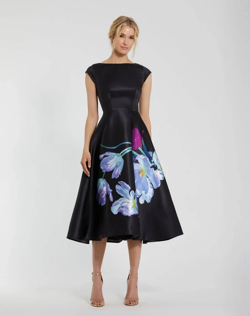 Loverlm black floral boat-neck cap-sleeve midi cocktail dress front view