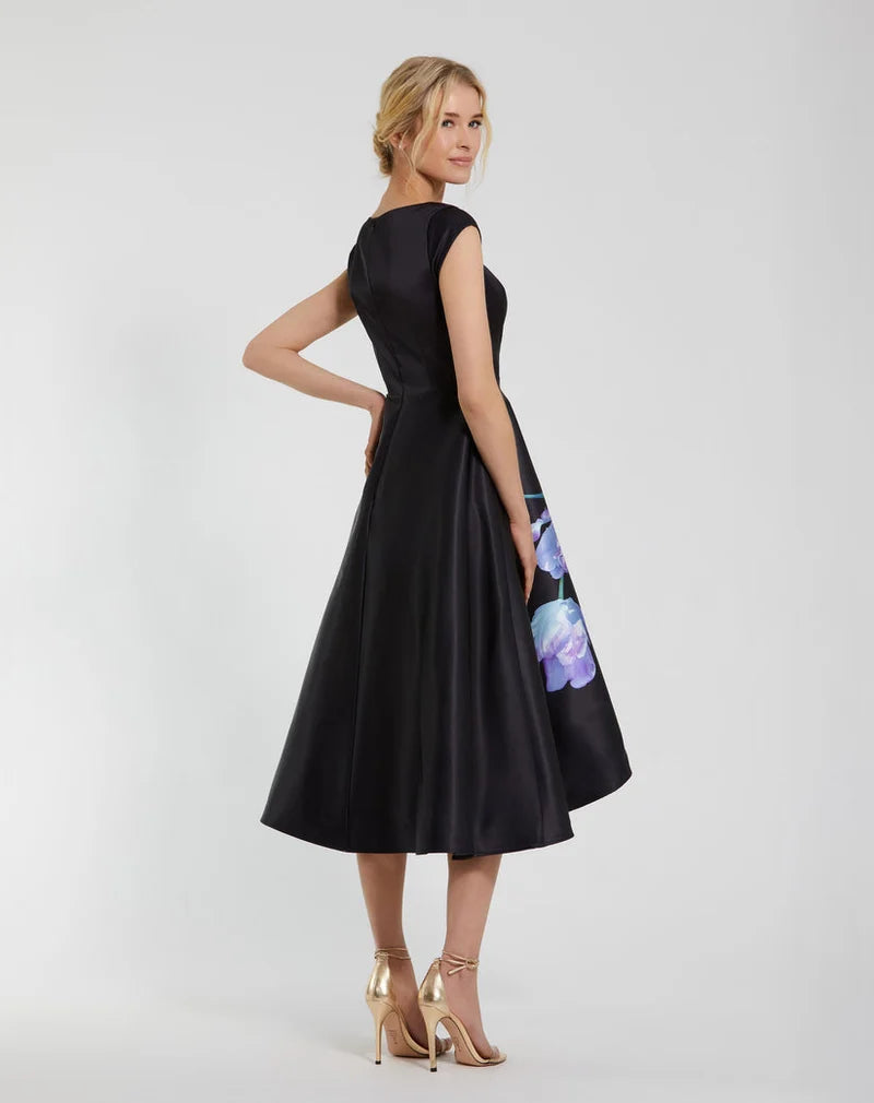 Elegant A-Line Boat-Neck Cap-Sleeve High-Back Floral Midi  Wedding Guest Dress