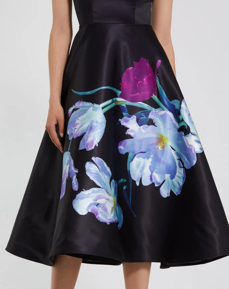 Elegant A-Line Boat-Neck Cap-Sleeve High-Back Floral Midi  Wedding Guest Dress
