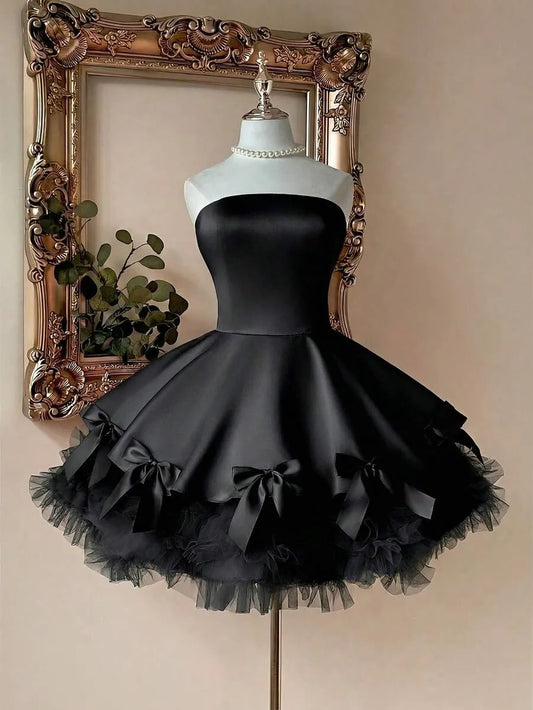Loverlm black strapless homecoming dress with bow hem and full tulle mini skirt