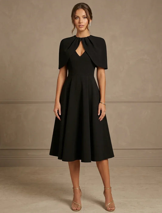 Loverlm black A-line midi wedding guest dress with cape sleeves and front keyhole