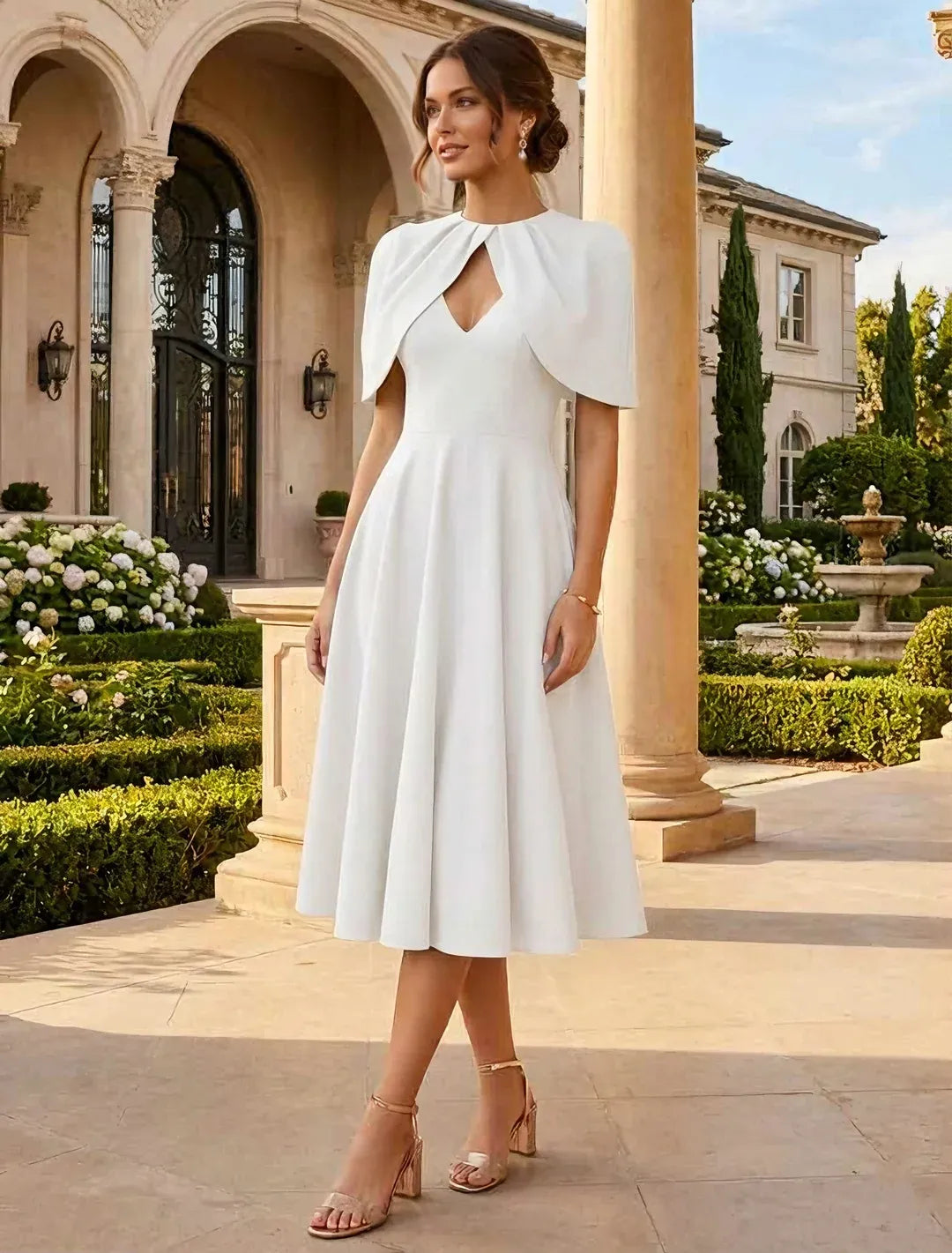 Elegant A-Line Round Neck Cape Sleeve Keyhole Back Midi Wedding Guest Dress