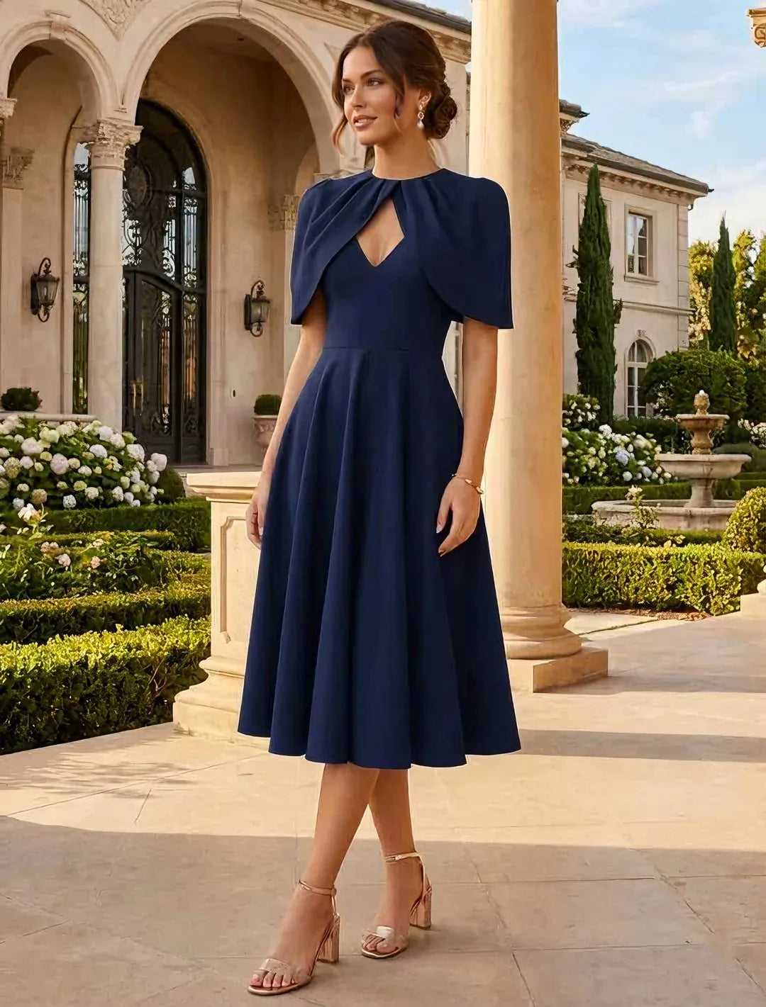 Elegant A-Line Round Neck Cape Sleeve Keyhole Back Midi Wedding Guest Dress
