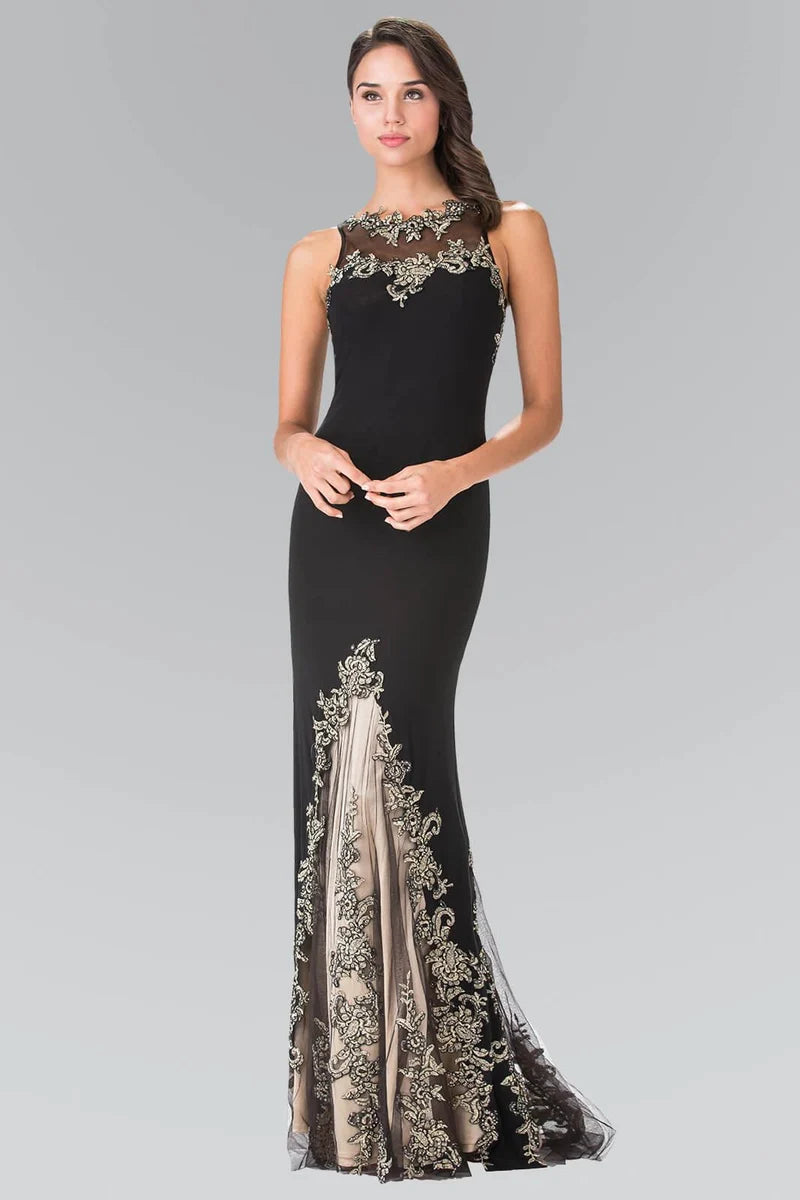 Loverlm black and champagne evening dress with illusion bateau neckline lace appliqué fitted mermaid bodice and embroidered floor-length skirt