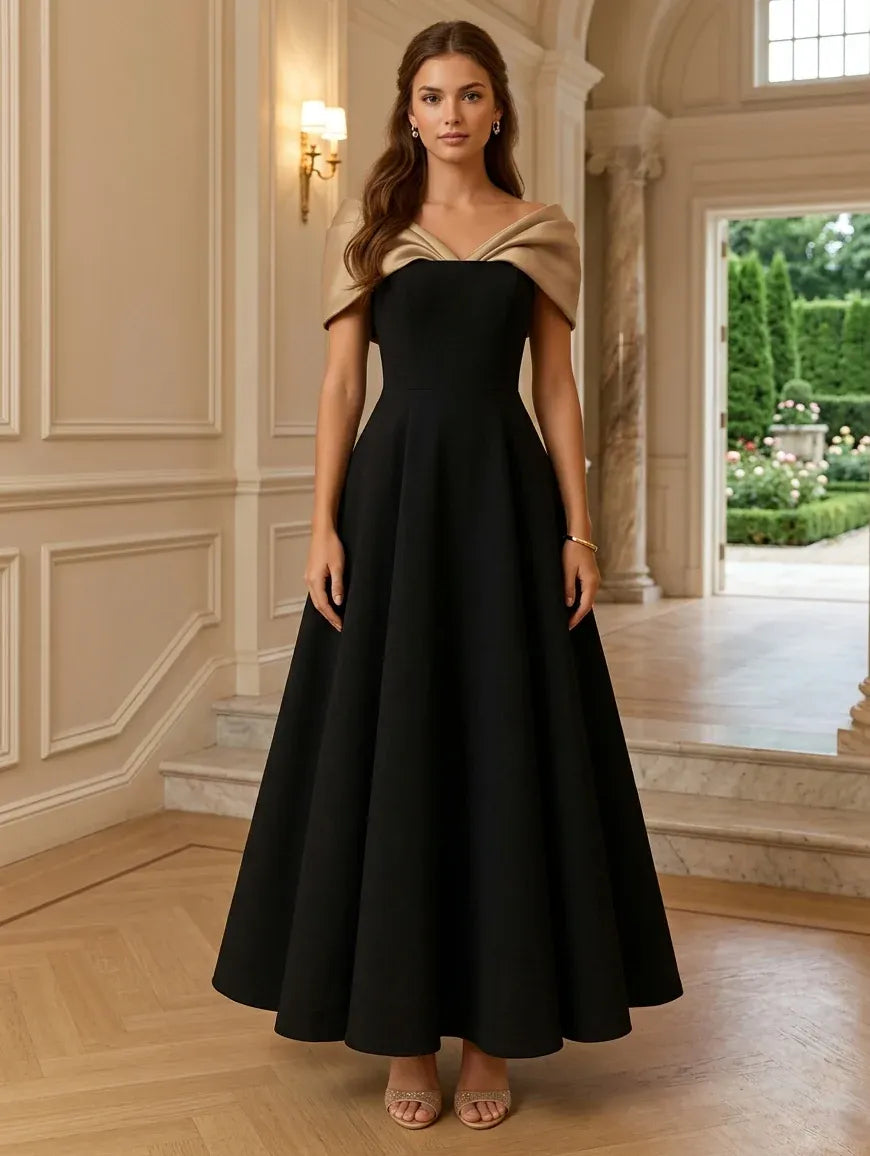 Loverlm black champagne off shoulder A-line wedding guest dress front view