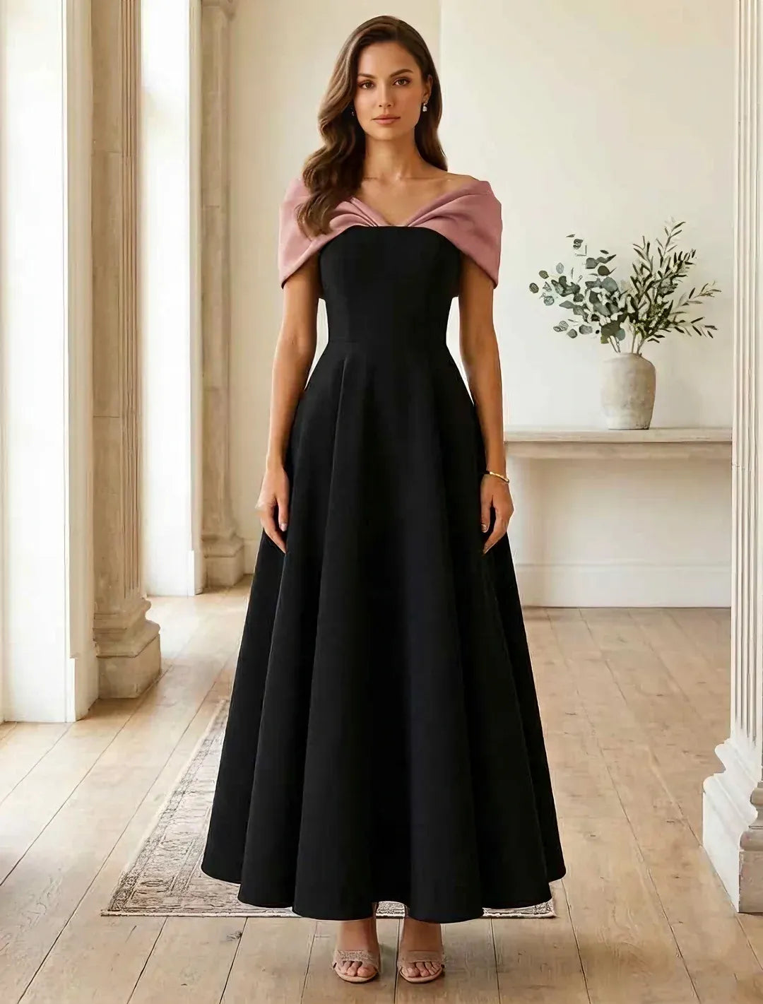 Elegant A-Line Off Shoulder Sleeveless Zipper Back Ankle-Length Wedding Guest Dress