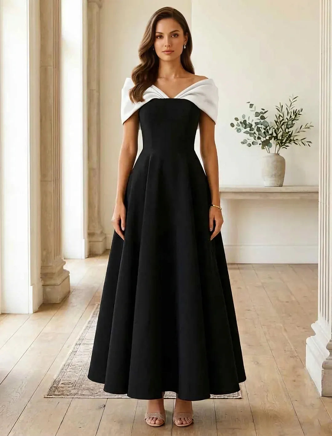Elegant A-Line Off Shoulder Sleeveless Zipper Back Ankle-Length Wedding Guest Dress