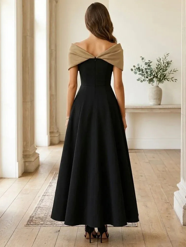 Elegant A-Line Off Shoulder Sleeveless Zipper Back Ankle-Length Wedding Guest Dress