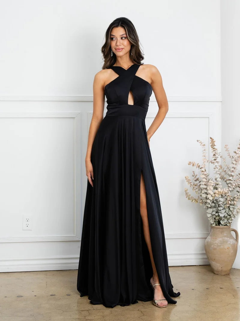 Loverlm black A-line crossover halter high slit prom dress front view