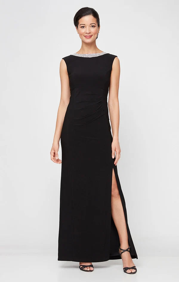Loverlm black Mother of the Bride dress with embellished boat neckline ruched waist front slit and floor-length sheath silhouette