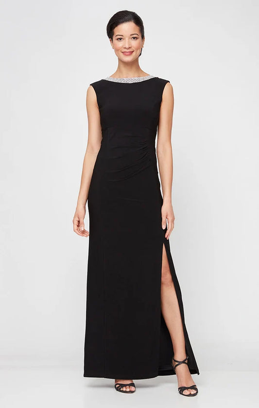 Loverlm black Mother of the Bride dress with embellished boat neckline ruched waist front slit and floor-length sheath silhouette