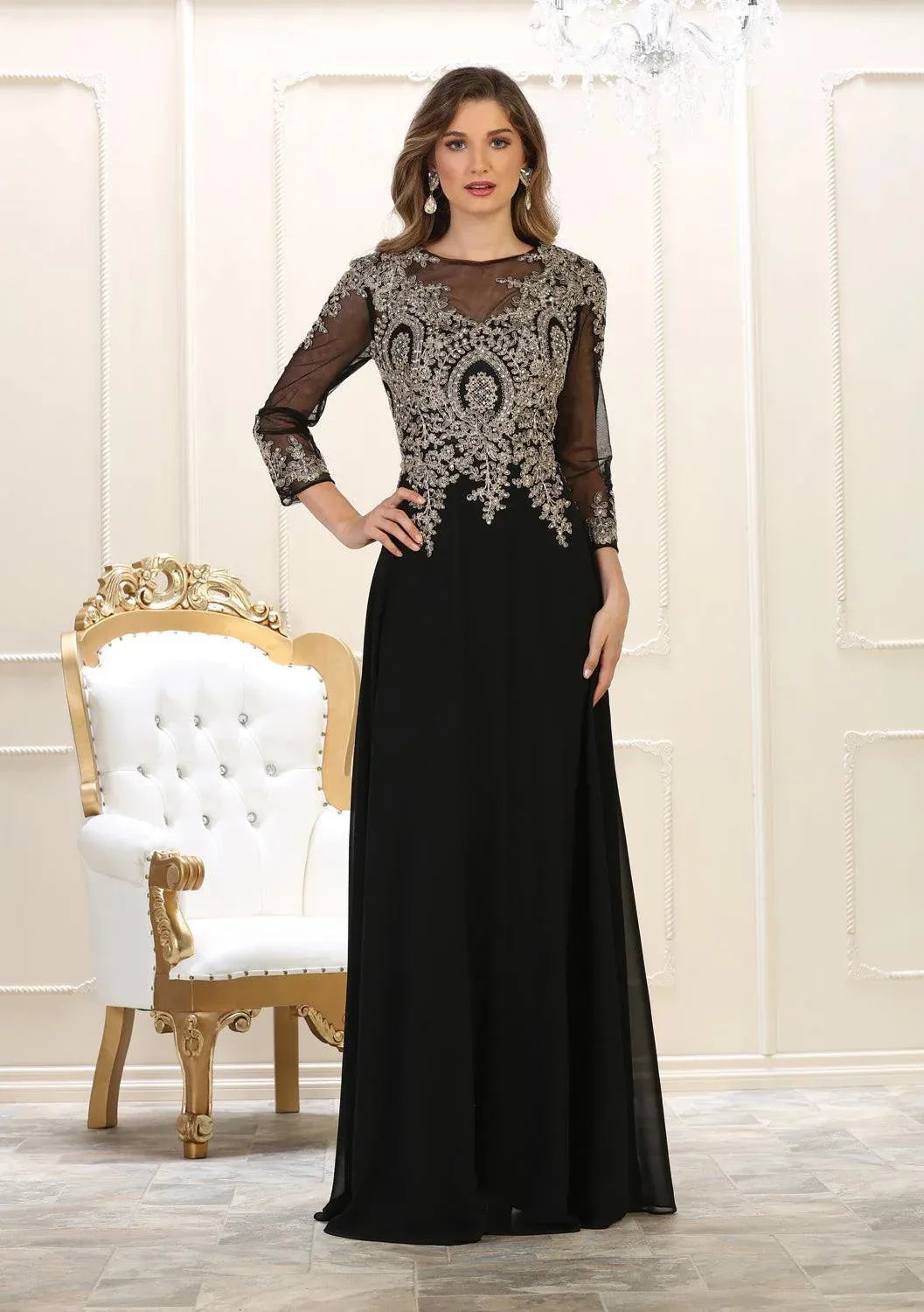 Loverlm black embroidered long sleeve Mother of the Bride Dress front
