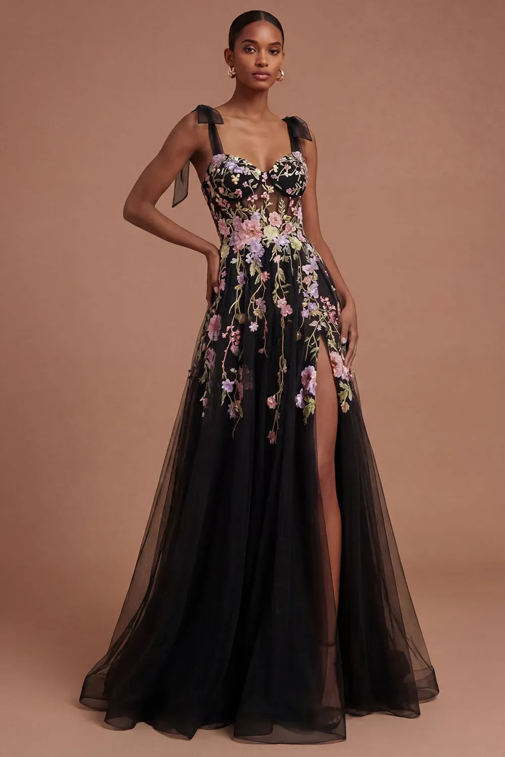 Loverlm black floral embroidered A-line prom dress with sweetheart neckline, sheer bow shoulder straps, thigh-high slit and floor-length tulle skirt front view