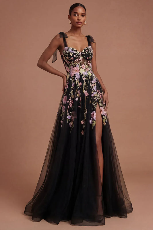Loverlm black floral embroidered A-line prom dress with sweetheart neckline, sheer bow shoulder straps, thigh-high slit and floor-length tulle skirt front view