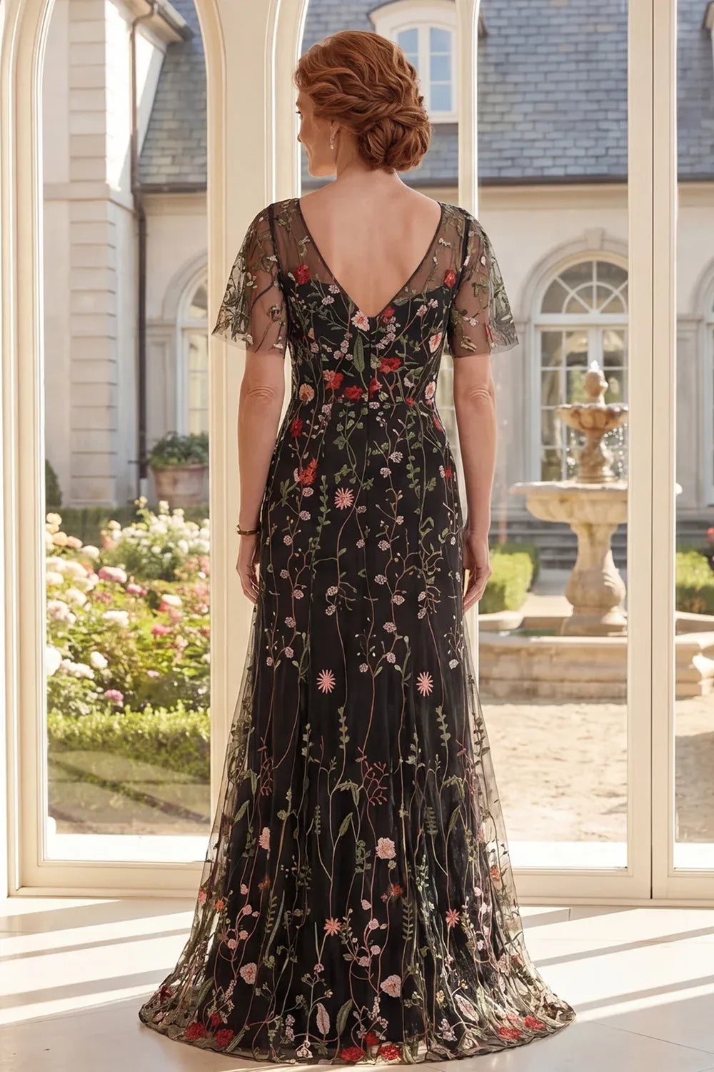 Floral Tulle A-Line V-Neck Flutter-Sleeve V-Back Floor-Length Mother of the Bride Dress