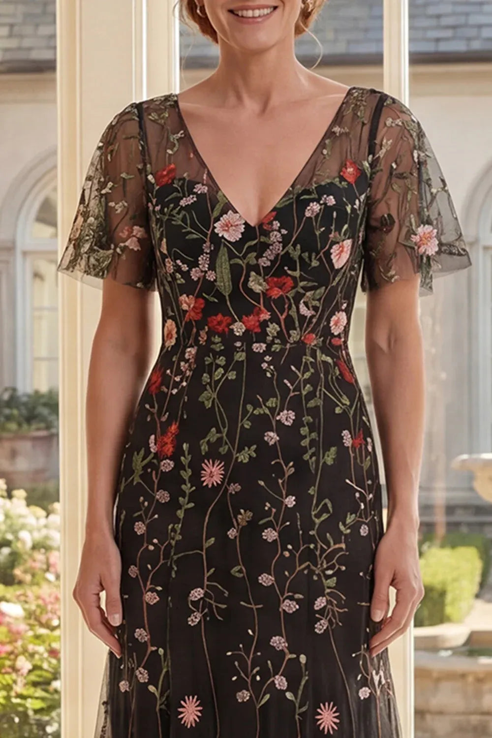 Floral Tulle A-Line V-Neck Flutter-Sleeve V-Back Floor-Length Mother of the Bride Dress
