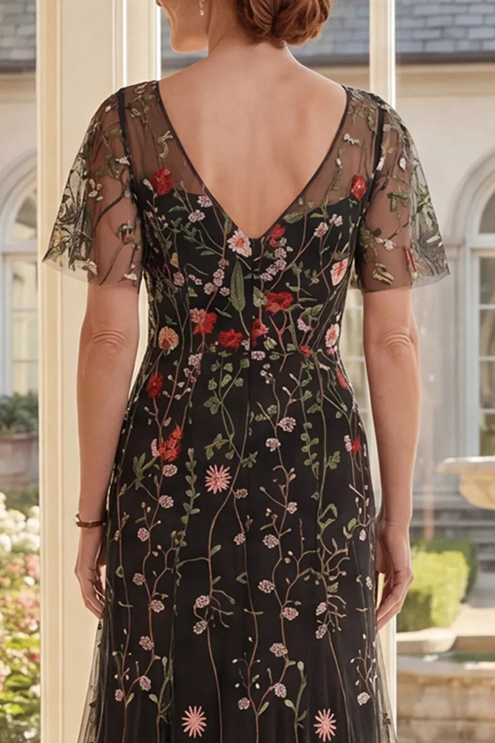 Floral Tulle A-Line V-Neck Flutter-Sleeve V-Back Floor-Length Mother of the Bride Dress