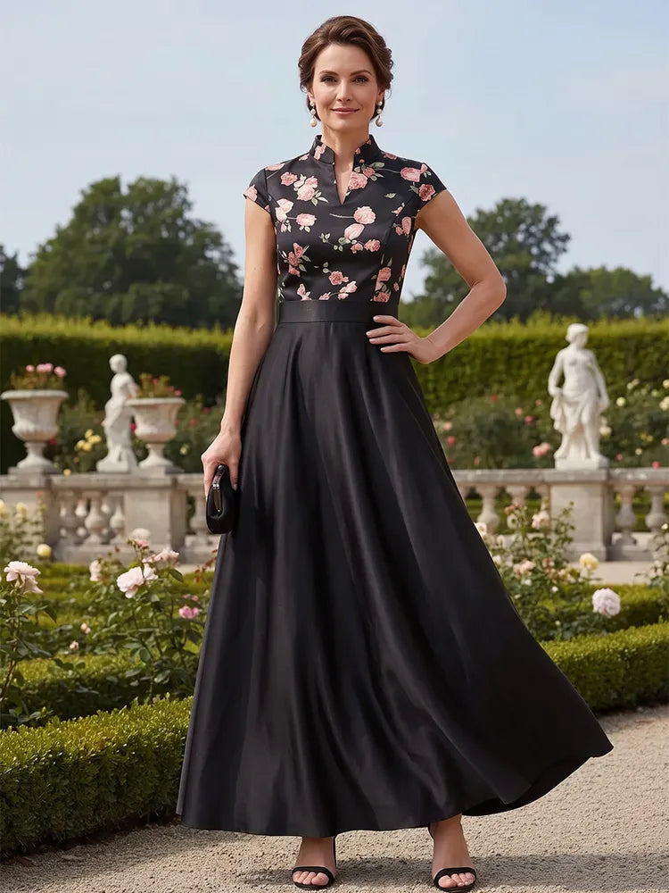 Loverlm black floral Mother of the Bride dress with Mandarin neckline cap sleeves defined waist and floor-length A-line skirt