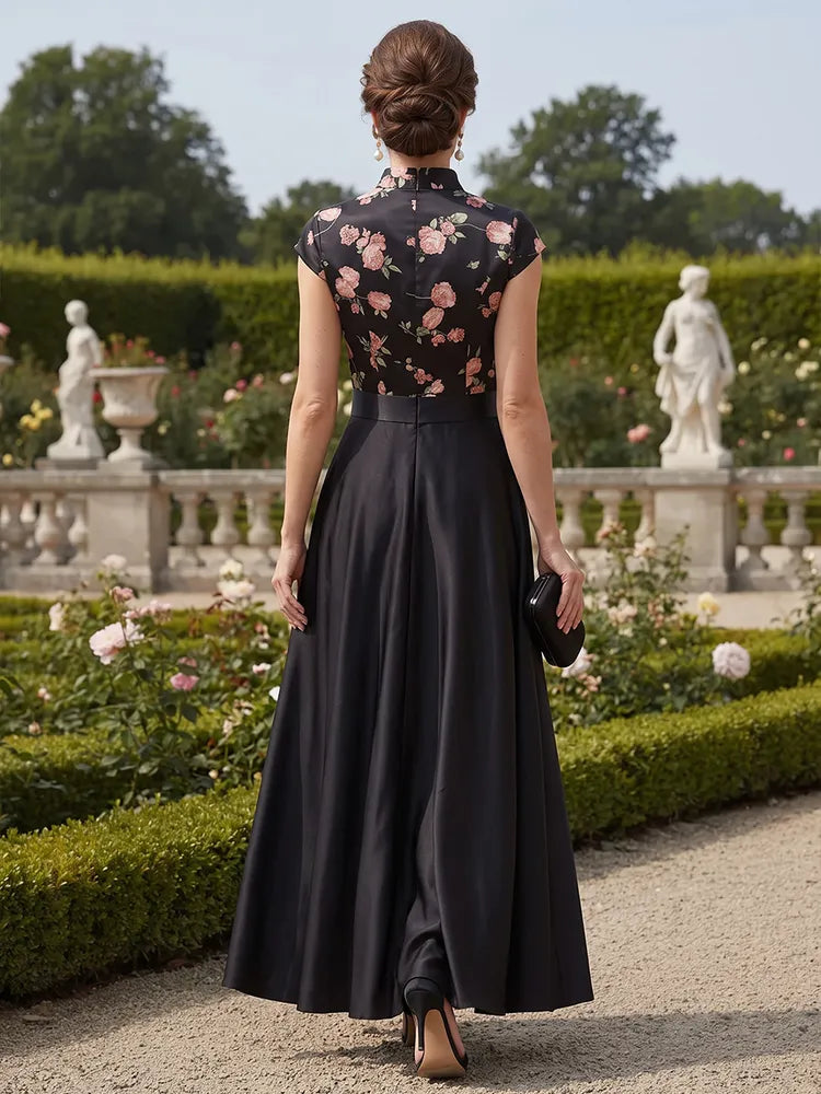 Elegant A-Line Mandarin-Neck Cap-Sleeve Satin Floral Mother of the Bride Dress