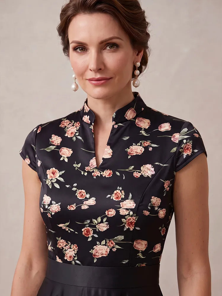 Elegant A-Line Mandarin-Neck Cap-Sleeve Satin Floral Mother of the Bride Dress