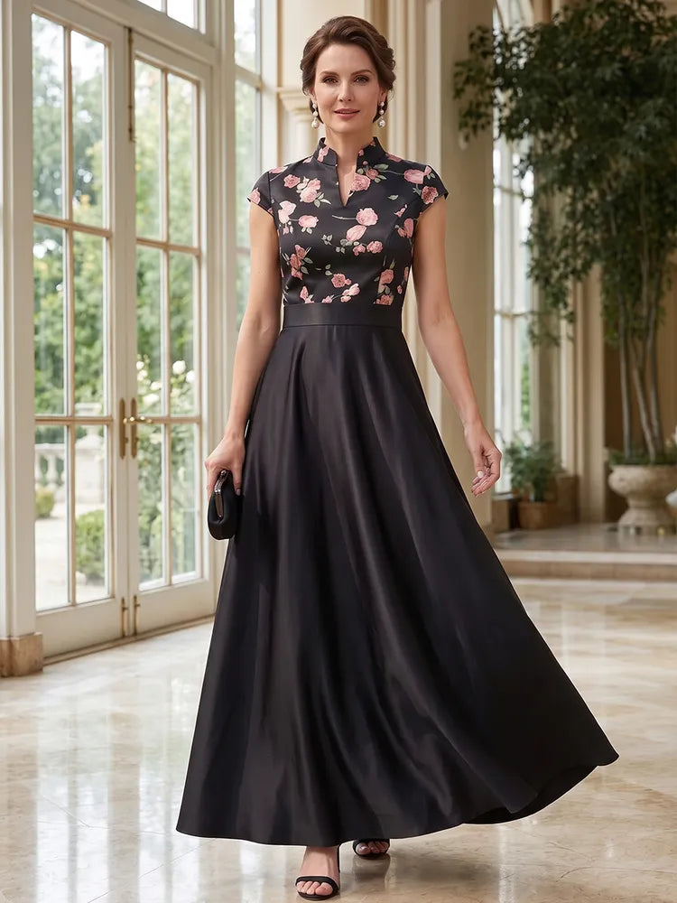 Elegant A-Line Mandarin-Neck Cap-Sleeve Satin Floral Mother of the Bride Dress