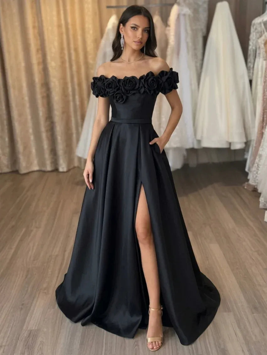 Loverlm black floral off shoulder high slit A-line prom dress front view