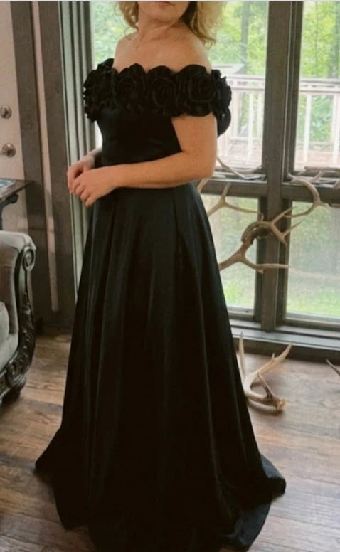 Elegant A-Line Off Shoulder Short Sleeve Zipper Back Floor-Length Prom Dress