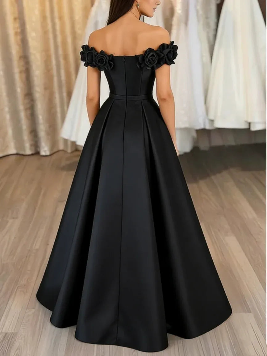 Elegant A-Line Off Shoulder Short Sleeve Zipper Back Floor-Length Prom Dress