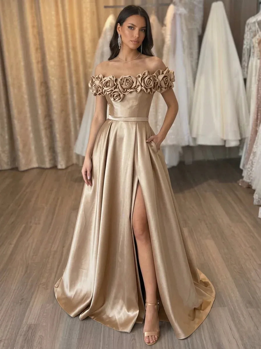 Elegant A-Line Off Shoulder Short Sleeve Zipper Back Floor-Length Prom Dress