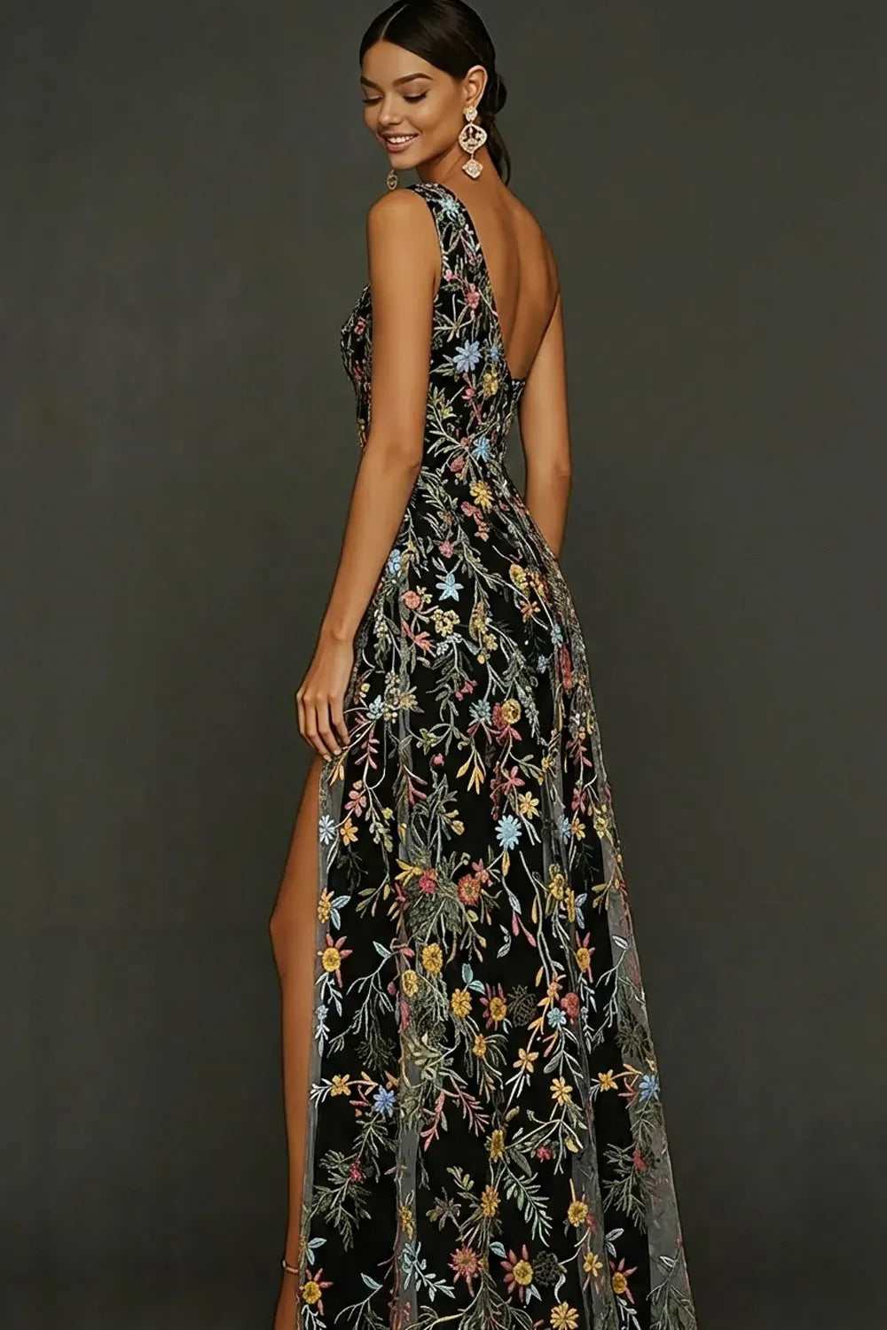 Elegant Floral A-Line One-Shoulder Sleeveless Asymmetric-Back Floor-Length Wedding Guest Dress