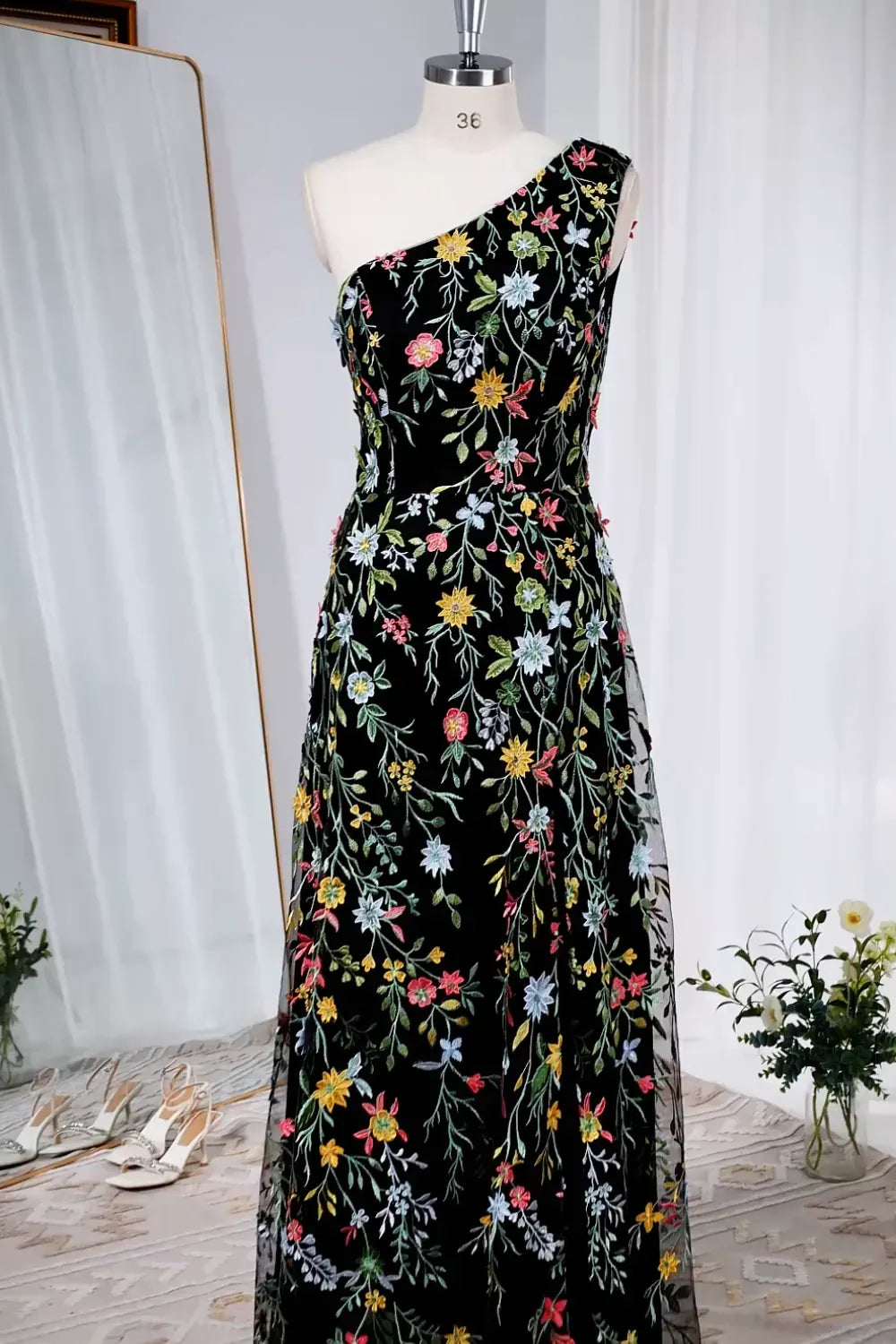 Elegant Floral A-Line One-Shoulder Sleeveless Asymmetric-Back Floor-Length Wedding Guest Dress