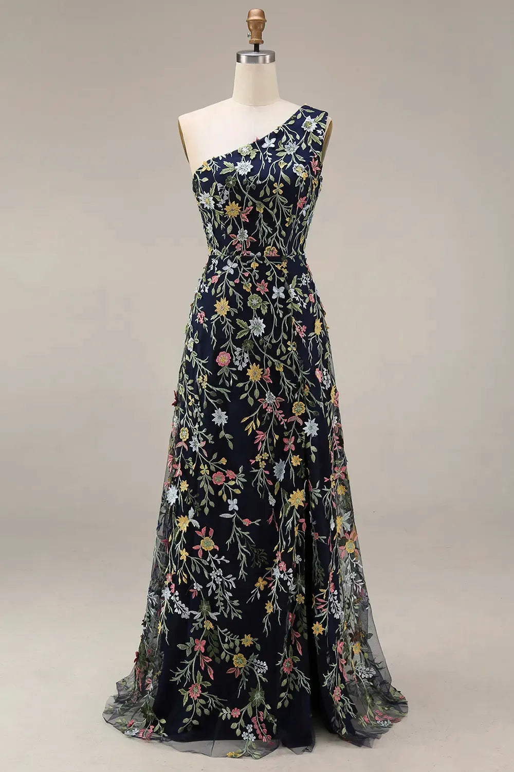Elegant Floral A-Line One-Shoulder Sleeveless Asymmetric-Back Floor-Length Wedding Guest Dress