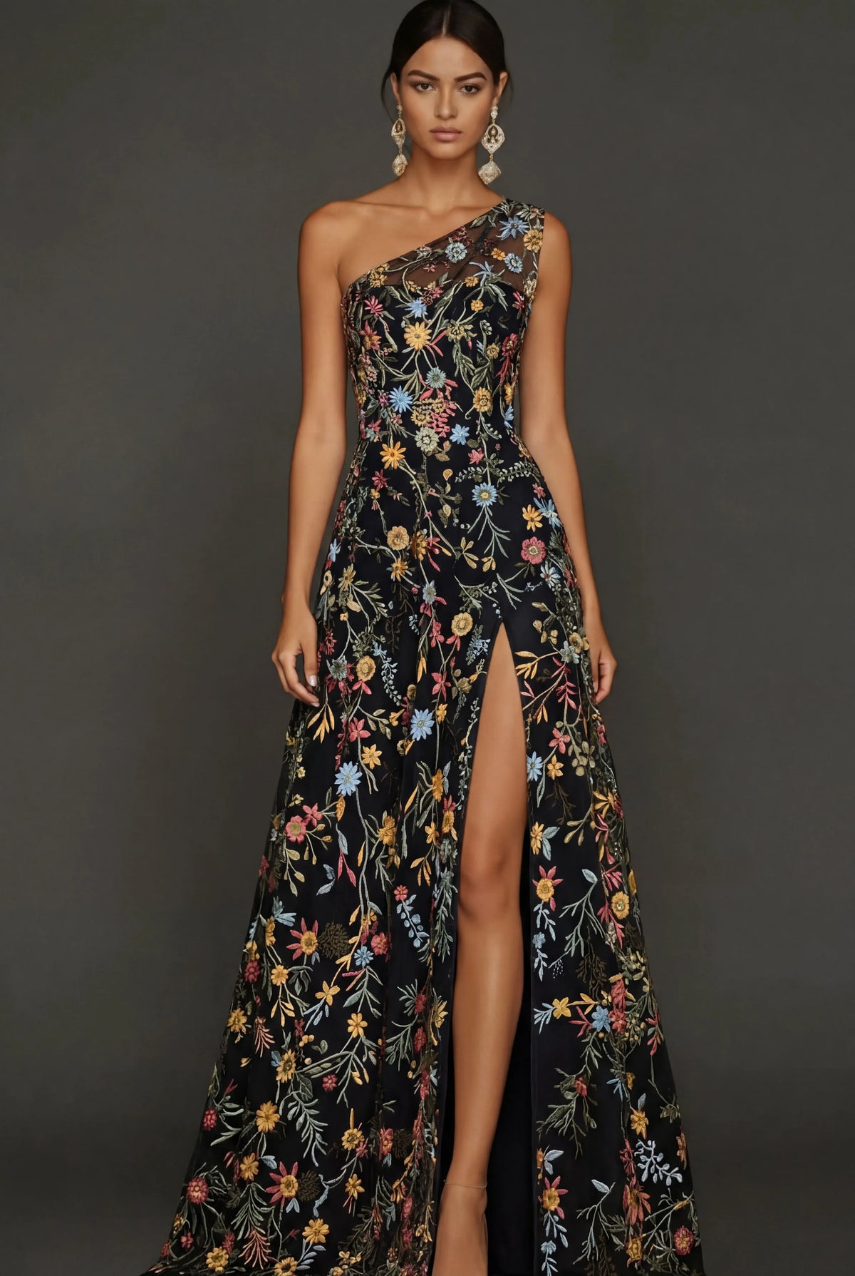 Loverlm black floral embroidered A-line wedding guest dress with asymmetric one-shoulder neckline, fitted waist, thigh-high slit and floor-length skirt, front view